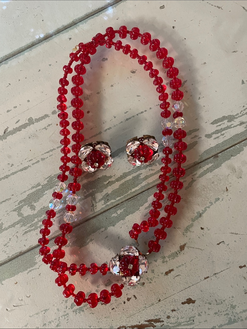 Miriam Haskell Ruby Melon Gripilx glass beaded necklace.Converted post earing